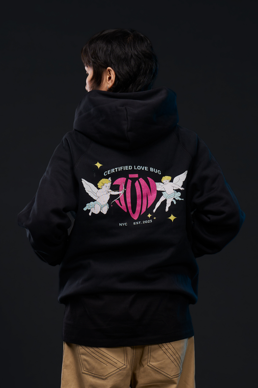 LOVE BUG. RAGLAN HOODIE in black — back, Certified Love Bug angel graphic