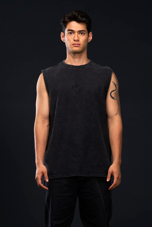 ETCH. LOGO TANK TOP in black — front, worn on model