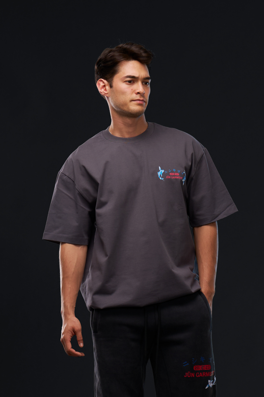 KOI. TEE in gray — front, worn on model, chest koi graphic