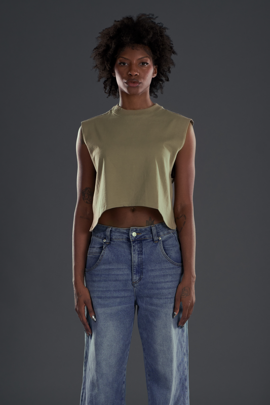MSL. CROP TANK in olive — front, worn on model
