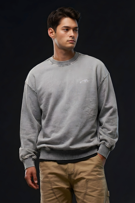 ETCH. LOGO SWEATSHIRT in gray — front, worn on model, full body