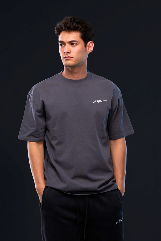 ETCH. LOGO TEE in gray — front, worn on model