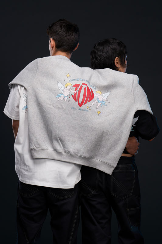 LOVE BUG. FLEECE HOODIE in gray — back, Certified Love Bug angel graphic