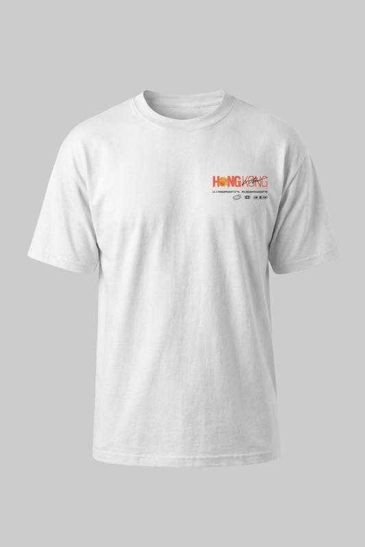 BORLORBAO. TEE in white — front, chest Hong Kong logo