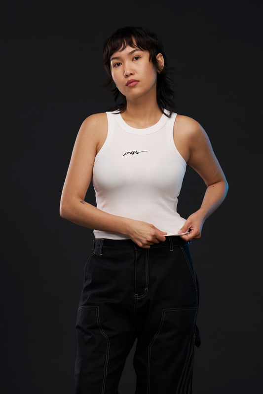 ETCH. LOGO WOMEN'S TANK TOP in white — front, worn on model