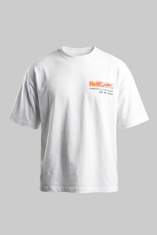 BORLORBAO. BOXY TEE in white — front, chest Hong Kong logo