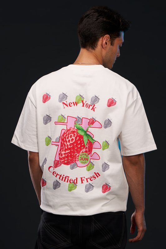 ICHIGO. TEE in white — worn, back, strawberry graphic with New York Certified Fresh text