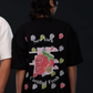 ICHIGO. TEE in black — worn, back, strawberry graphic with New York Certified Fresh text