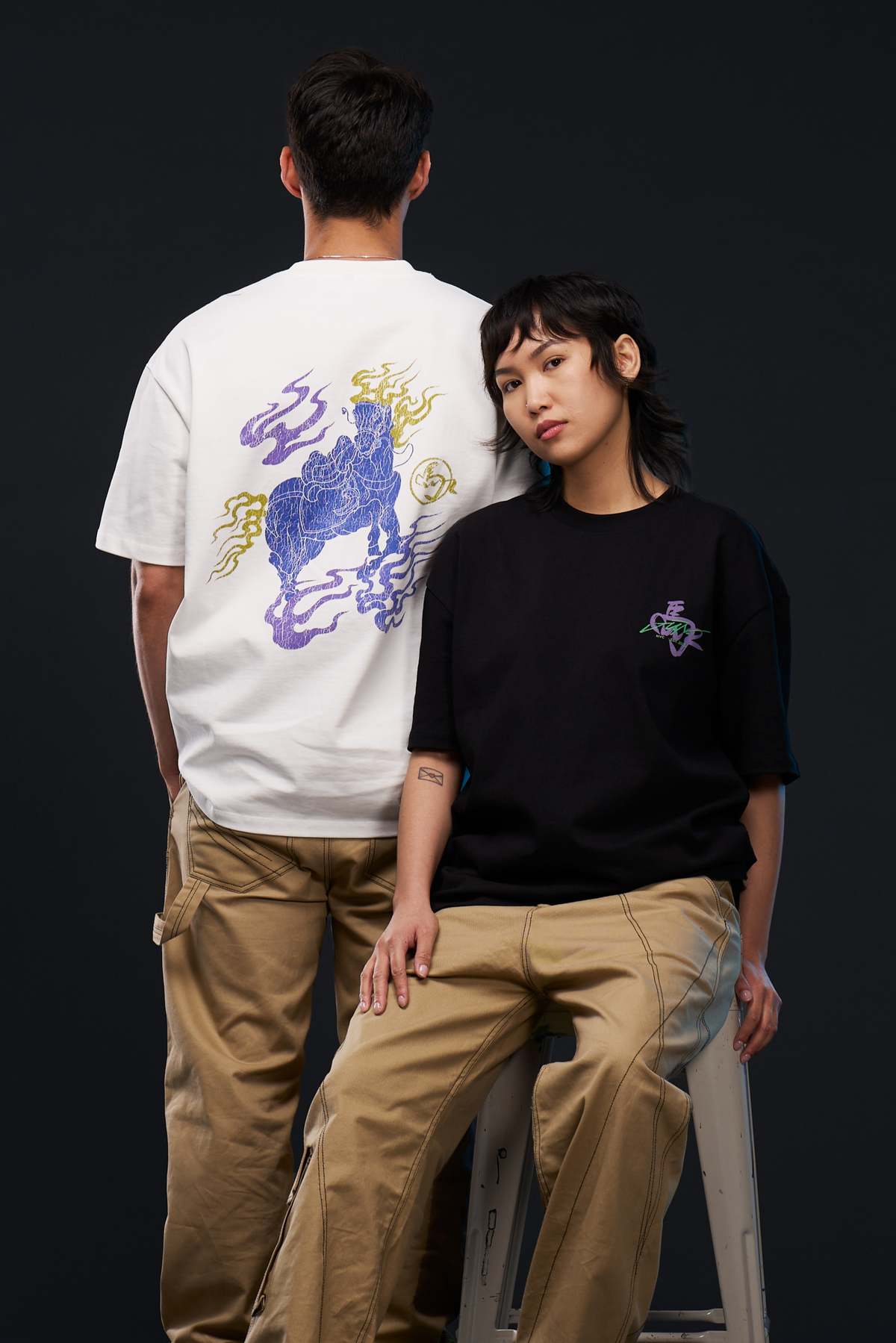 CNY 2026 HORSE. TEE — worn on two models, white back and black front