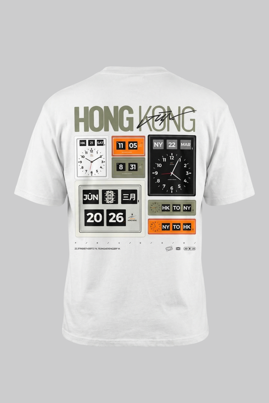 HK TWEMCLOCK. TEE in white — back, Hong Kong world-clock graphic