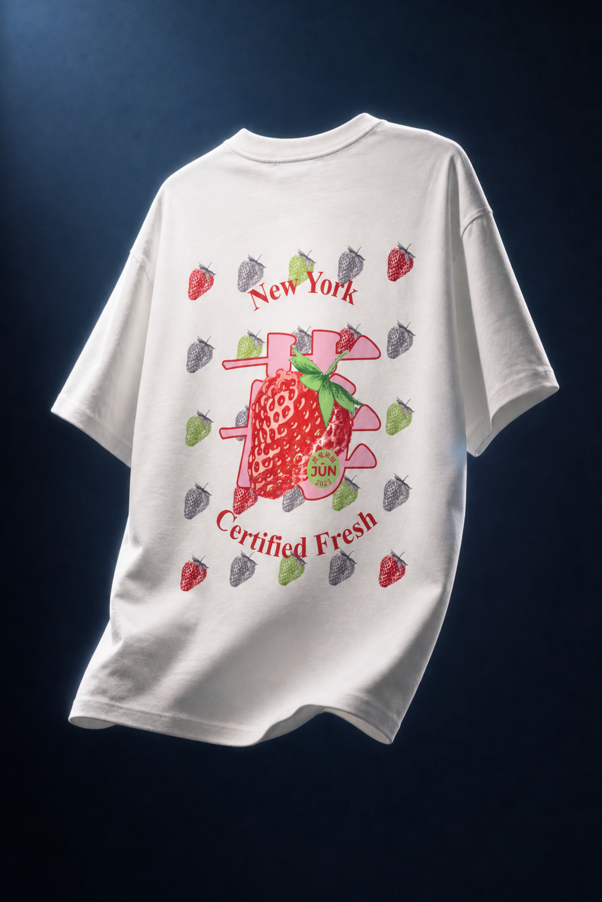ICHIGO. TEE in white — back, floating product shot, strawberry graphic